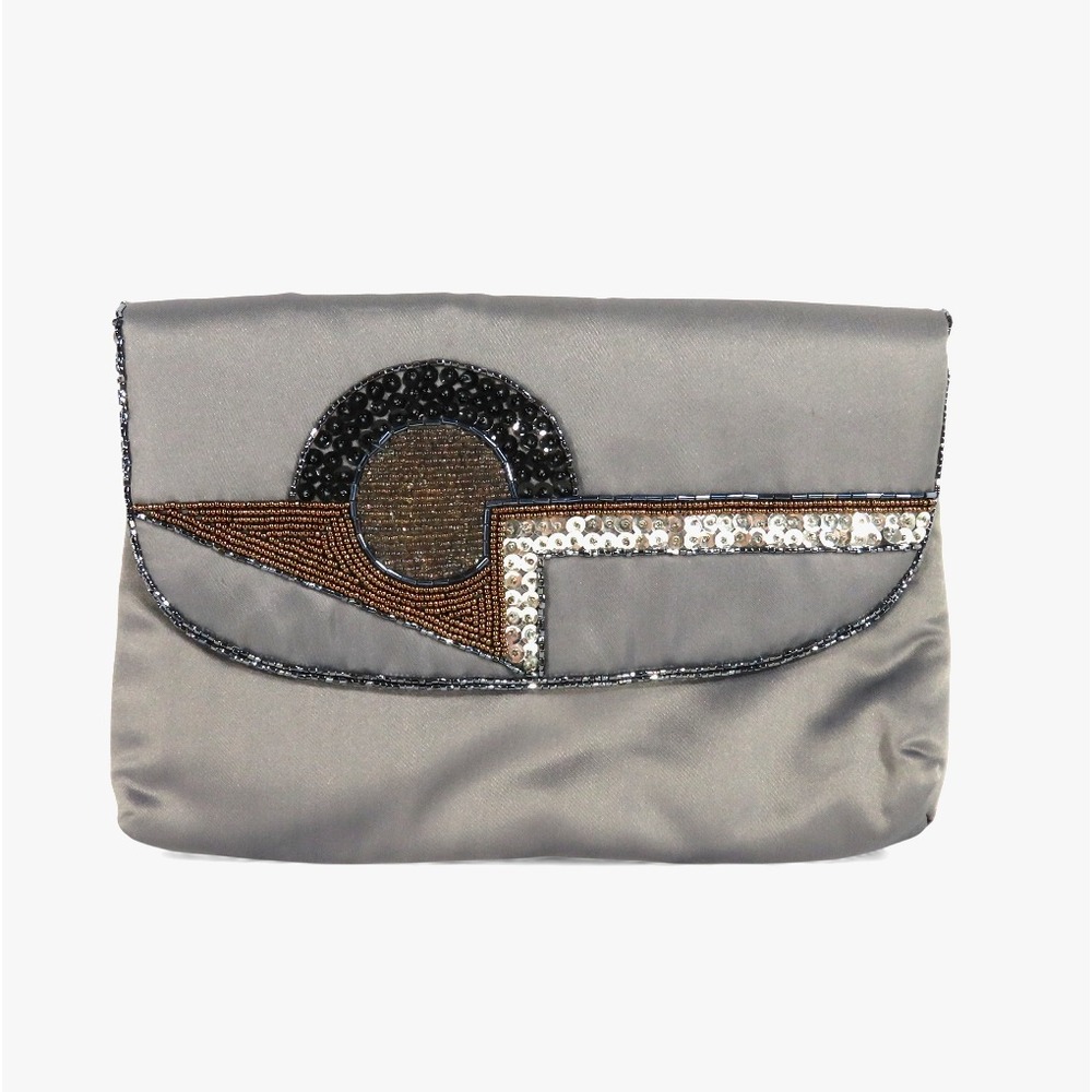 VTG DELILL Gray Satin PURSE BAG Clutch or Shoulder Strap BRONZE BEADED ART DECO